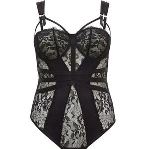 Torrid Curve Womens 2 US 2X Satin Bodysuit Lingerie Black Lace Panels Underwire